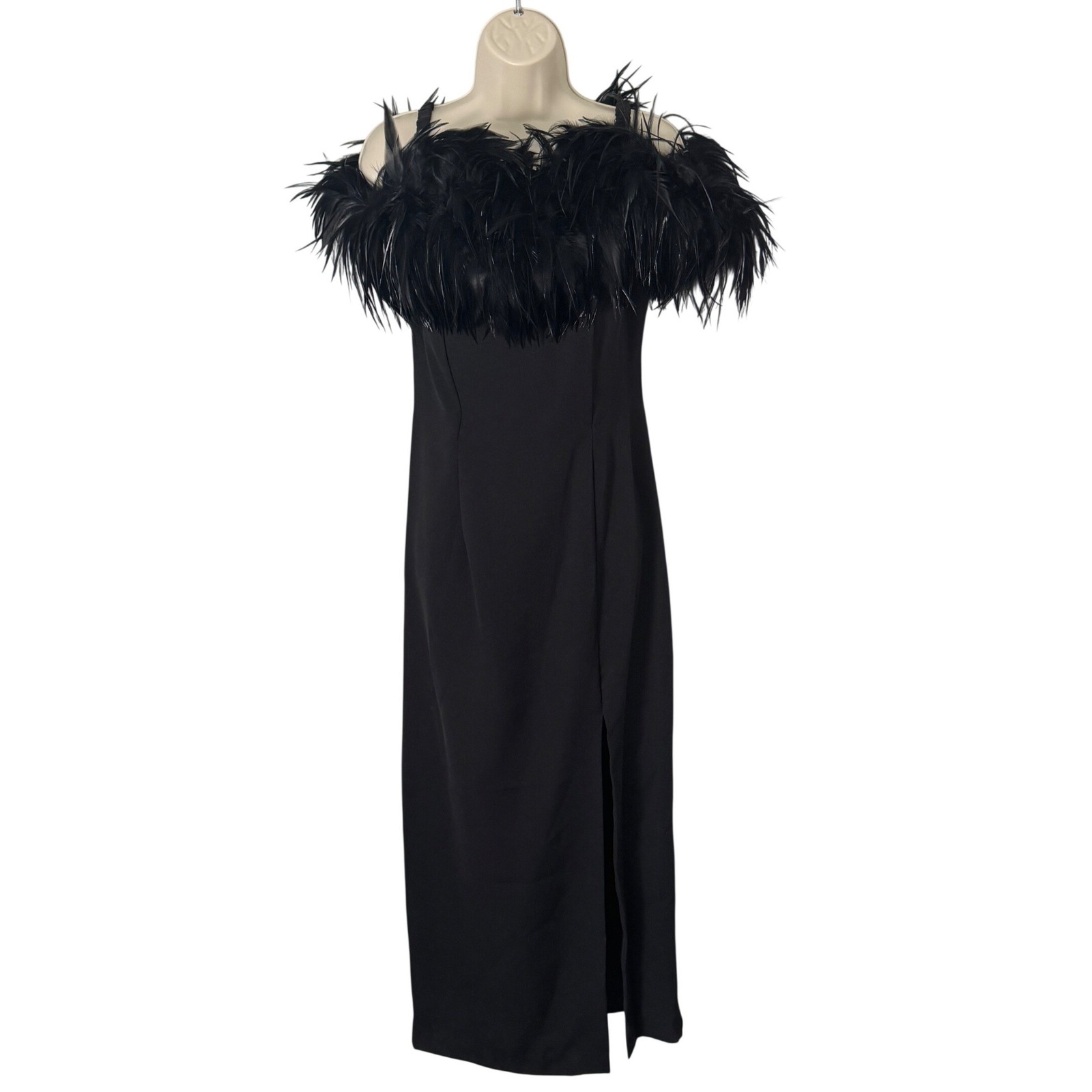 Dave & Johnny Vintage Black Off The Shoulder Feather Trim Maxi Dress Size 9/10